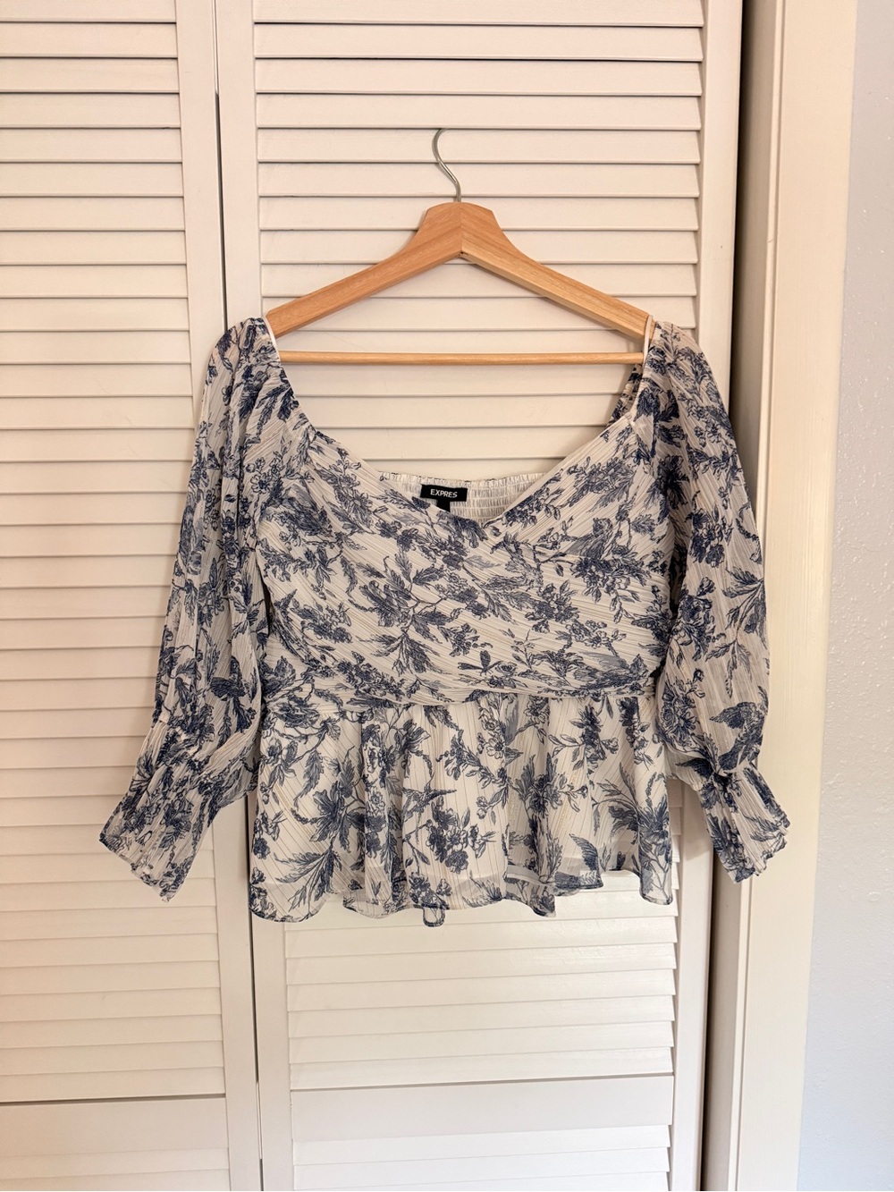 Express Cream and Blue Floral Peplum Top